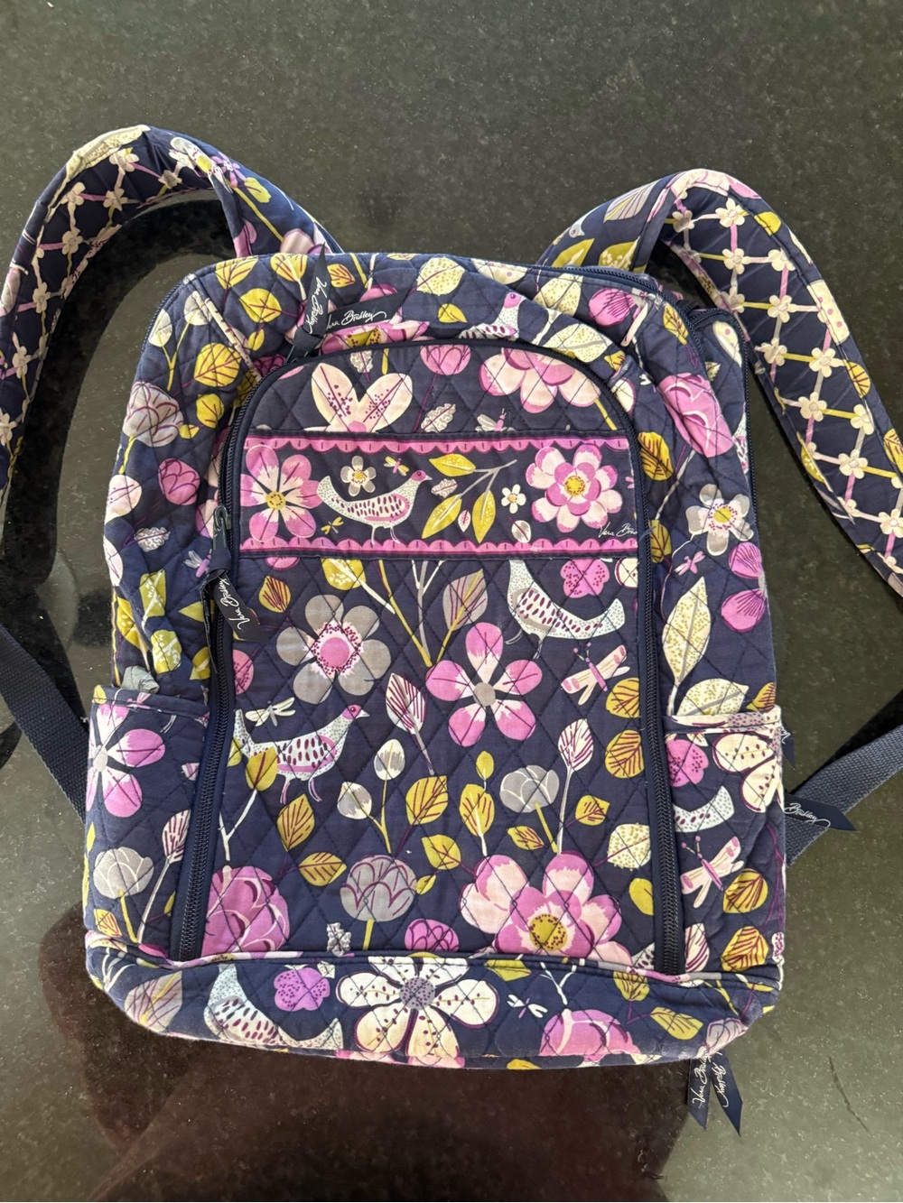 Vera Bradley Navy Quilted Floral Backpack with Pink and Yellow Accents